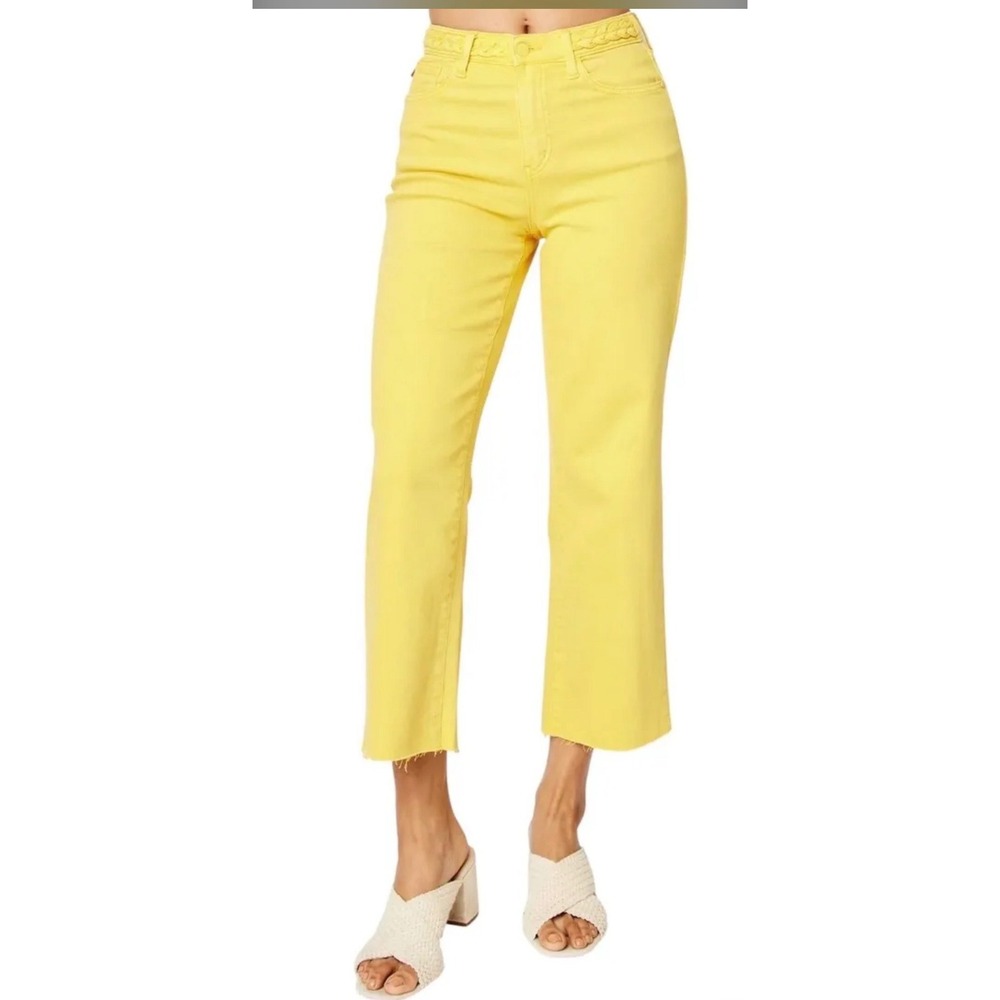 Judy Blue Yellow High Waist Braided Waistband Wide Leg Jeans JB88777C 16W NWT